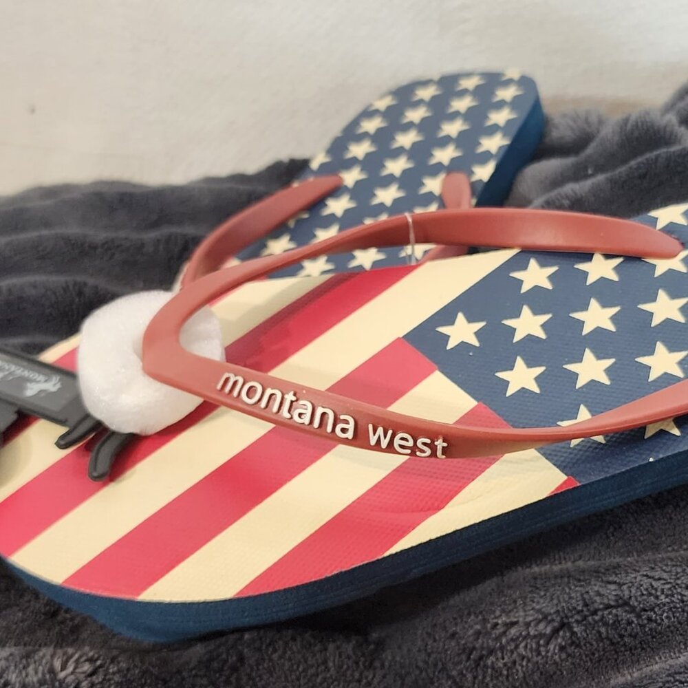 Montana West Red White and Blue Stars and Stripes Womens Flip Flops Size L 9/10 - Picture 5 of 16